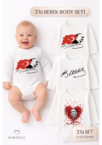Babyden's Atatürk Temalı 3 Lü Bebek Body Seti %100 Pamuk Uzun Kollu Çıtçıtlı Zıbın Body Beyaz