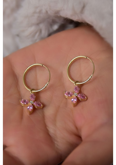 Papatya Silver 925 Ayar Gümüş Gold Kaplama Pembe Zirkon Taşlı Plumeria Halka Küpe