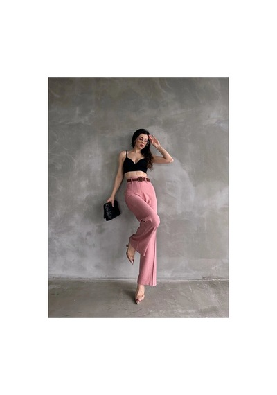 Nido Moda Beli Kemerli Keten Pantolon Pembe