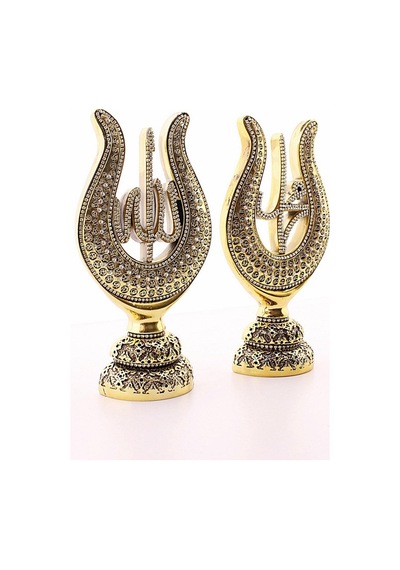 Orta Boy Biblo 22 Cm Lale Lafız 2'li Gold Allah Muhammed Polyester Üzerine Metal Kaplama Biblo
