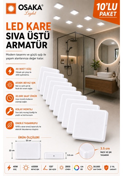 10 Adet Osaka 40w Kare Sıva Üstü Armatür Beyaz Işık 6500k
