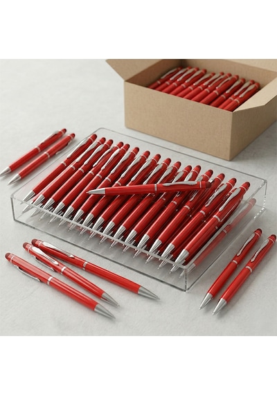 Bk Kurumsal Promosyon 1022 Metal Kırmızı Touchpen Kalem 10 Adet Lazer Baskılı Logolu Tükenmez Kalem