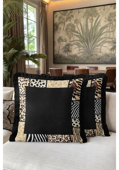Safari Patchwork Saçaklı Yastık Kılıfı-lüks Afrika Bohem Siyah Altın Renkli Püsküllü Kırlent Kılıfı Tozlu Zeytin
