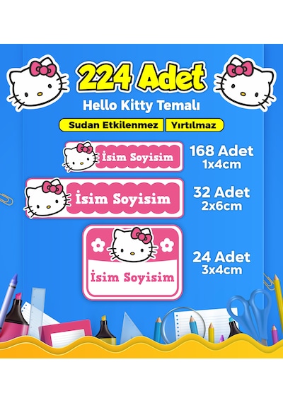 Okul Kreş Kişiye Özel İsim Etiket Seti Hello Kitty Temalı - Model 5 Çok Renkli