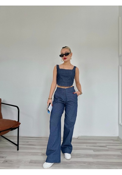 Keymoda Kadın Denim Kare Yaka Bluz Mavi Mavi