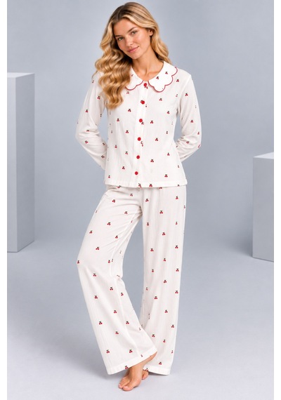 Pijamask Kadın Çiçek Desenli Bebe Yaka Düğmeli Uzun Kollu Müslin Pijama Takımı Beyaz
