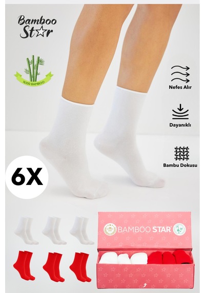 Bamboo Star Bambu Kadın Lastiksiz Beyaz-kırımızı Soket Dikişsiz Çorap 6'lı Paket Sıkmayan Çorap - İz Bırakmaz Beyaz - Kırmızı