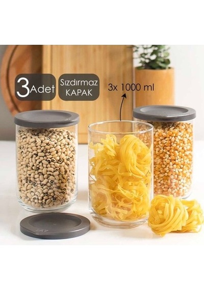 Lav Duo Saklama Kabı 3 Lü - Cam Kavanoz Erzak Saklama Kabı Seti Takımı Gri 1000 Ml. Çok Renkli