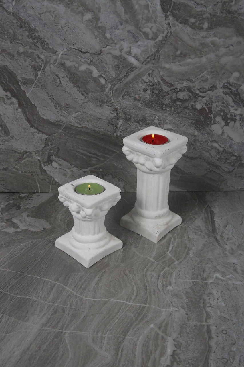 Dekoratif Antik Roma Sütun Şeklinde Beton Tealight Mumluk Set 2 Parça Beyaz