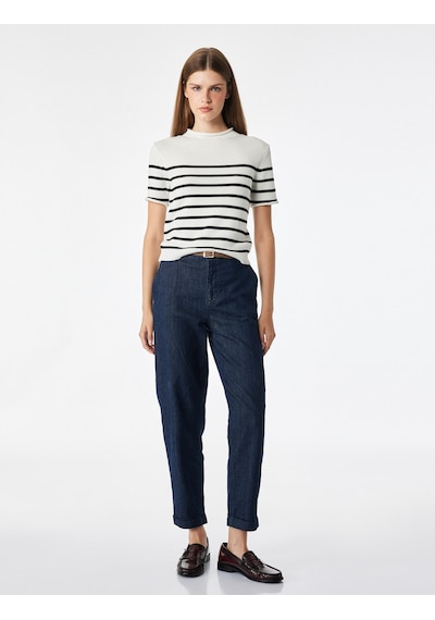 Koton Kemerli Yüksek Bel Rahat Kalıp Chino Denim Pantolon Koyu İndigo 7wal40049md Indigo