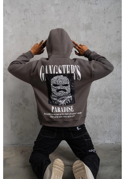 Erkek 3 İplik Pamuklu Baskılı Kapüşonlu Cepli Sweatshirt Hoodie - Gri