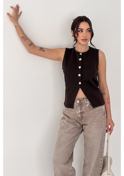 Noa & Noa Kadın Altın Düğme Detaylı Kolsuz Bluz Button Edge Kahverengi