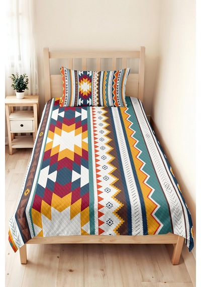 Etnik Geometrik Turkuaz Genç Odası Tek Kişilik Pike Takımı - Bohem Hardal 160x220 Cm Yatak Örtüsü Mercansı Ot Aurası