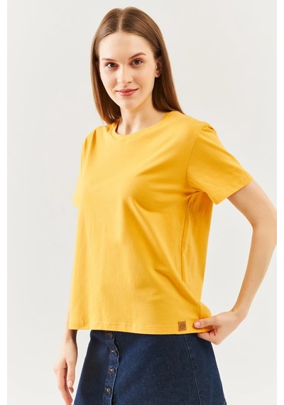 Kadın Oversize Rahat %100 Pamuklu Penye Bisiklet Yaka Kısa Kol Basic T-shirt Hardal