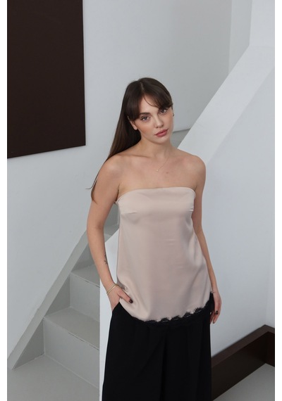 Verymoda Dantelli Straplez Saten Bluz - D2941 Taş