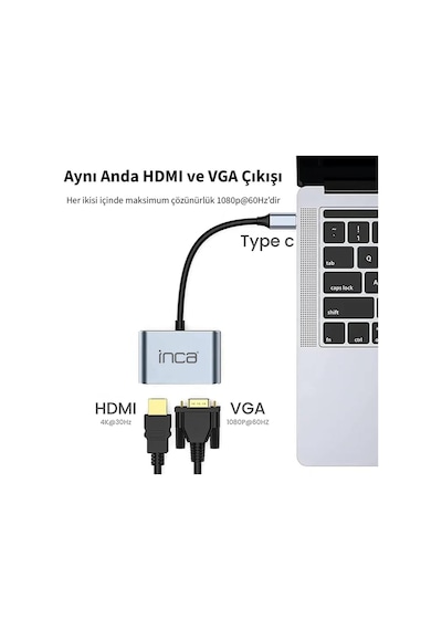 Inca Itpc-06tx Usb C 4in1 - Hdmı+vga+usb+güç Dağıtım Adap 4k 30hz Hdmı Çoklayıcı 100w Pd Güçı