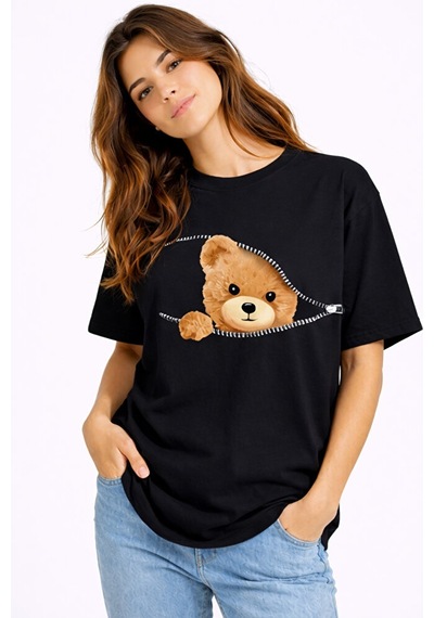 Fermuarlı Ayıcık Baskılı Kadın Tişört Oversize Sevimli Teddy Bear Siyah