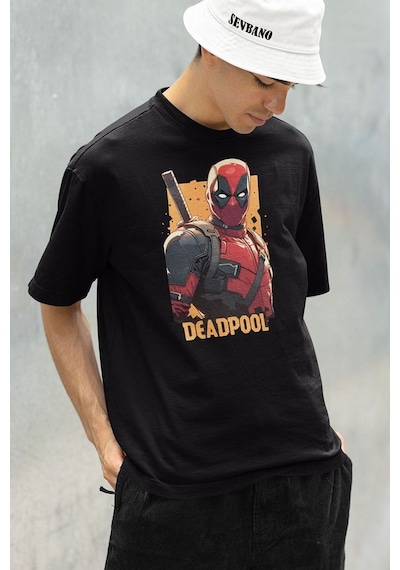 Film Kahramanı Deadpool Baskılı Unisex Oversize Marvel Tişört Siyah