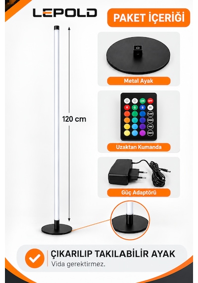 Rgb Led Lambader 120 Cm Kumandalı 16 Renkli Dekoratif Ayaklı Lamba, Parlaklık Ayarlı, Renk Geçişli Ortam Siyah