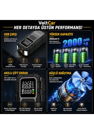Voltcar Akü Takviye Cihazı Akıllı Araç Lastik Şişirme Kompresörü Powerbank Dijital Ekranlı Taşınabilir Hava Pompası