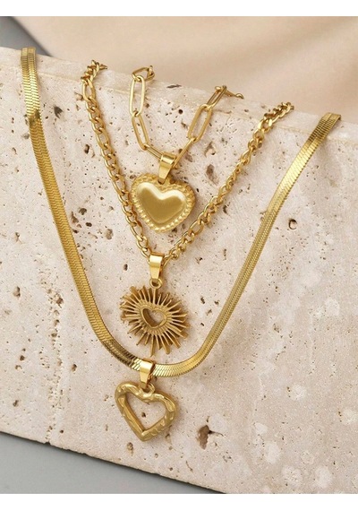 Girift Vintage Alun 3'lü Gold Kalpli Kolye Sarı