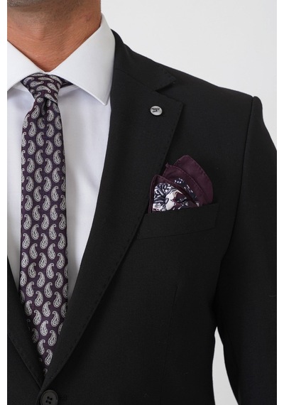 Efor Slim Fit Esnek %97 Yünlü Düz Siyah Takım Elbise Tk 957
