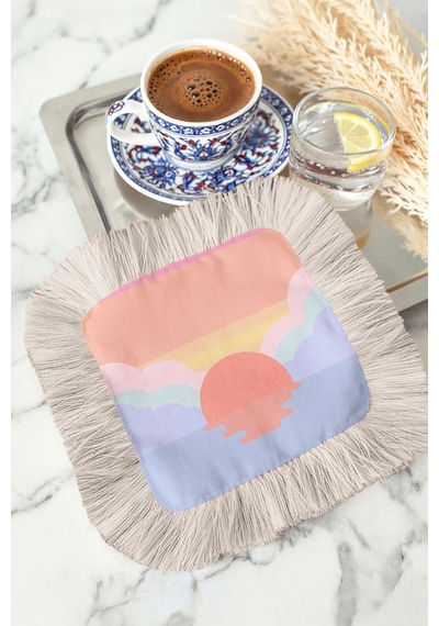 Pastel Gün Batımı Saçaklı Sunum Peçetesi - Yumuşak Bulutlu Bohem Lila Somon Bardak Altlığı Mendil