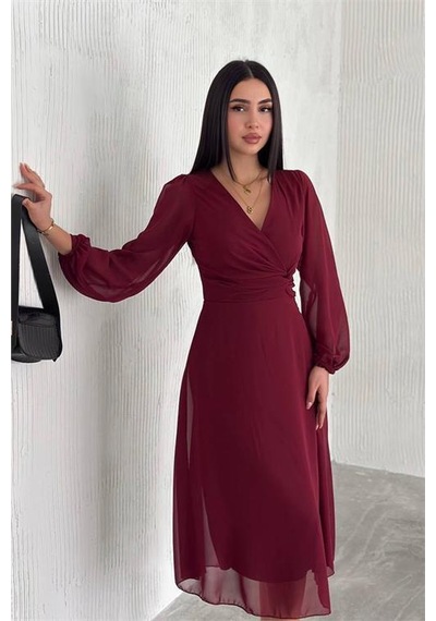 Kadın Bordo Astarlı Şifon Elbise Dpnbk3028 Bordo