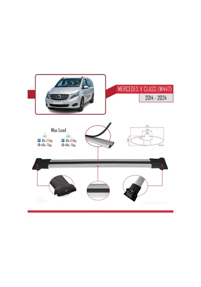 Mercedes V Class W447 2014 Ve Sonrası İle Uyumlu Fly Model Ara Atkı Tavan Barı Gri 4 Adet Bar