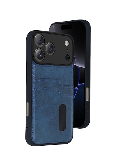 Apple İphone 17 Pro Max Uyumlu Deri Kartvizitli Kartlıklı Premium Telefon Kılıfı Kapak Lacivert