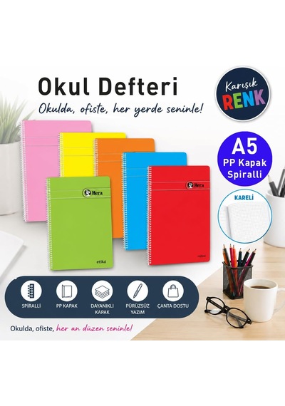 A5 Spiralli Kareli Okul Defteri - Pp Kapak, 72 Yaprak / 144 Sayfa Çok Renkli