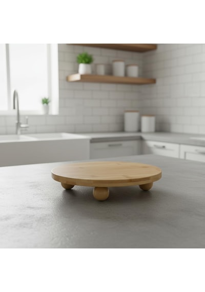 Bambu Top Ayaklı Yuvarlak Sunumluk 25cm Çap Seçenekli Doğal Ahşap Servis Tabağı Peynir, Mez Naturel