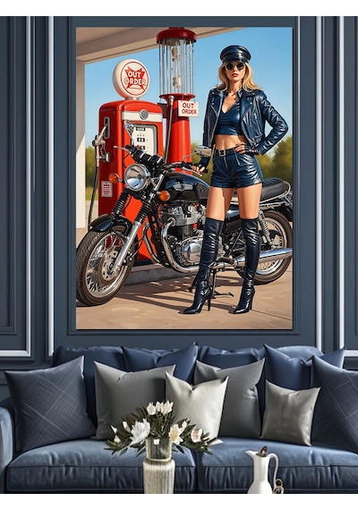 Motosikletli Pin-up Sarışın Kadın Dekoratif Kanvas - Mdf Ahşap Tablo