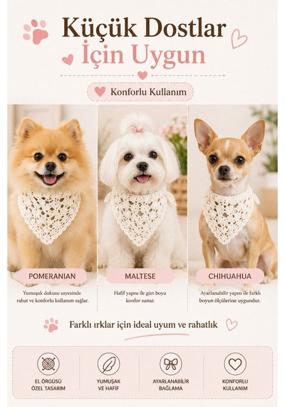 Kadın & Köpek Kombin El Örgüsü Minik Dost Bandana Seti Ayarlanabilir Evcil Hayvan Sahip Kombini Bohem Tasarım Beyaz 37196003