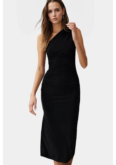 Ersefa Bodycon Midi Elbise Kolsuz Tek Omuz Örme Kumaş Günlük Şık Dayanık Siyah