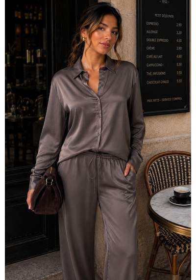 Madmext Kahverengi Saten Gömlek Pantolon Takım Mg2745