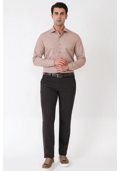 Slim Fit Pamuk Saten Klasik Bej Gömlek Gk 604