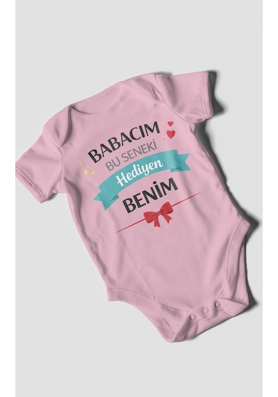 Morivokids Babacım Bu Seneki Hediyen Benim Kısa Kollu Bebek Body %100 Pamuk Koyu Pembe