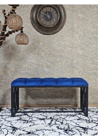 Zafir Siyah Boyalı İçi Kareli Diktörtgen 100 Cm X 40 Cm Oturak Puf - Bench - Makyaj Oturağı - Oturak Mavi