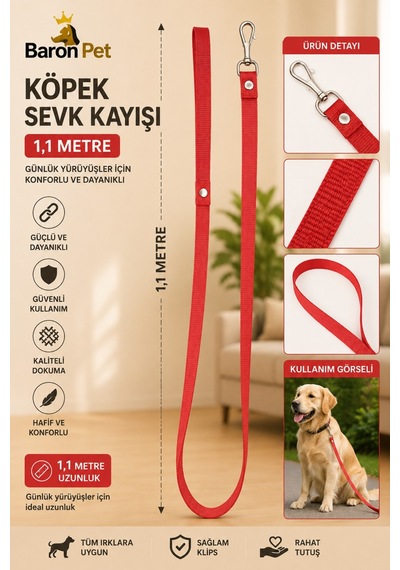 Köpek Sevk Kayışı 1,1 Metre Kırmızı Düz Dokuma Metal Klipsli Tüm Irklar İçin Gezdirme Kayışı