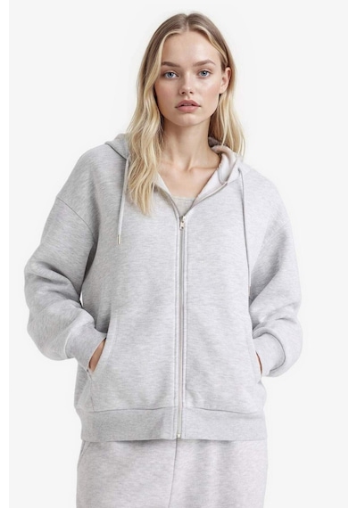 Defacto - Relax Fit Kapüşonlu Basıc Kalın Fermuarlı Sweatshirt C1809AX26SP Gri