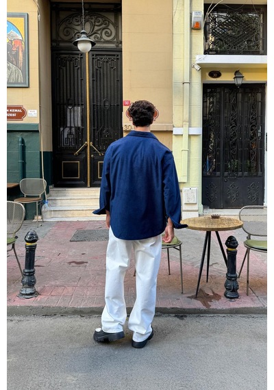 Flaw Fitilli Kadife Oversize Gömlek Lacivert-27225 Lacivert