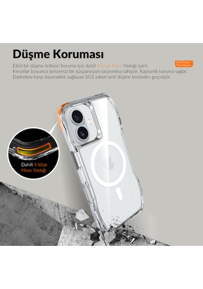 Bix iPhone Uyumlu 16 Plus Octagon Hava Yastıklı Magsafe Kılıf Maksimum Korumalı Antrasit Kristal Şeffaf