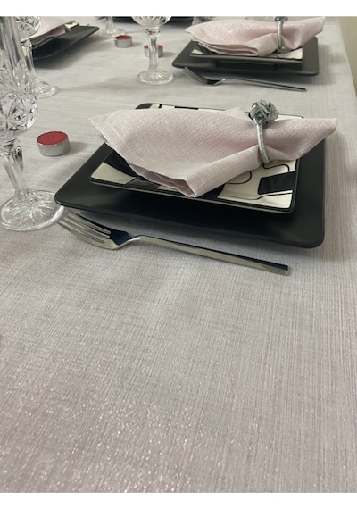 Keten Görünümlü Begonvil Simli Masa Örtüsü Pudra Pembe 25 Parça Set