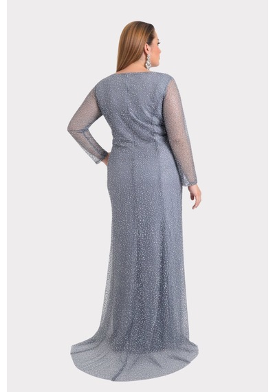 Lilas Xxl Kadın Büyük Beden Kalp Yaka Uzun Kollu Abiye Elbise 9471 Gri Gri
