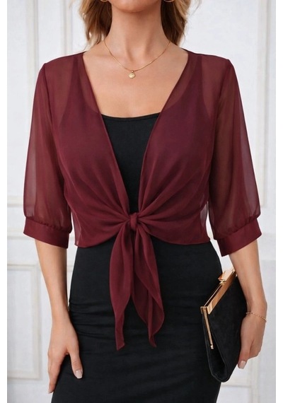 Defymoda Kadın Fakir Kollu Önden Bağlamalı Kısa Şifon Bolero Ceket Bordo