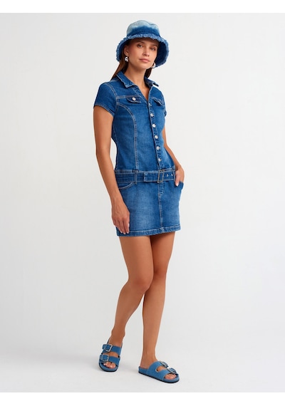Dilvin Düğmeli Denim Mini Elbise Mavi