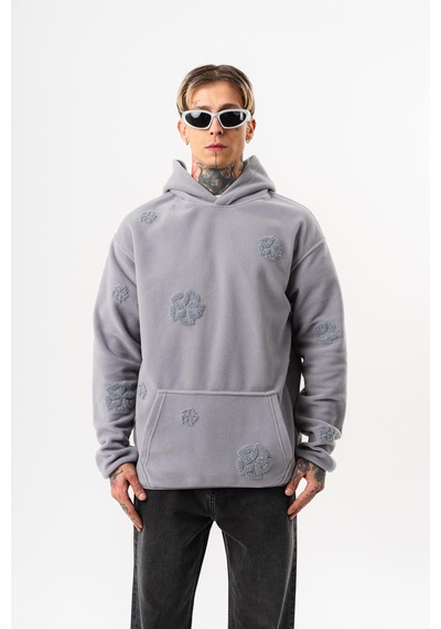 Respire Erkek Süzene Nakış Detaylı Kapüşonlu Oversize Polar Hoodie Gri