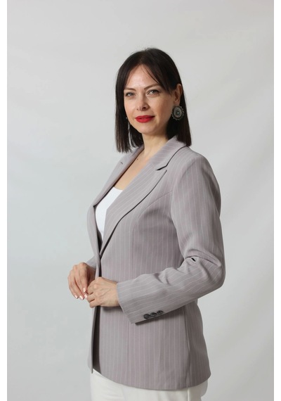 Moda Berray 1906 Gri Çizgili Fermuarlı Cep Aksesuarlı Kadın Büyük Beden Blazer Ceket Gri