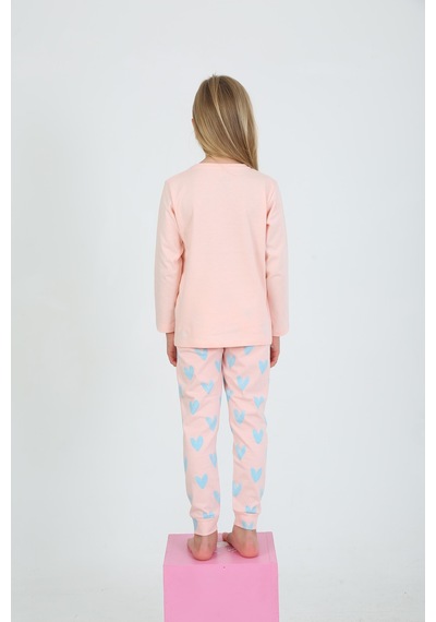 Kız Çocuk Uzun Kollu %100 Pamuklu Pijama Takımı Happy Heart Somon SOMON